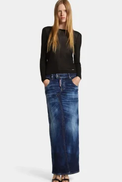 Medium Wash Front Split Jean Skirt