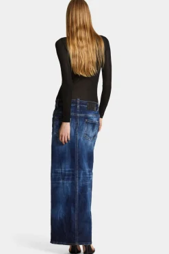 Medium Wash Front Split Jean Skirt