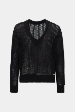 Open-Knit V Neck Pullover