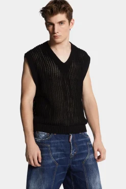 Open-Knit V Neck Vest